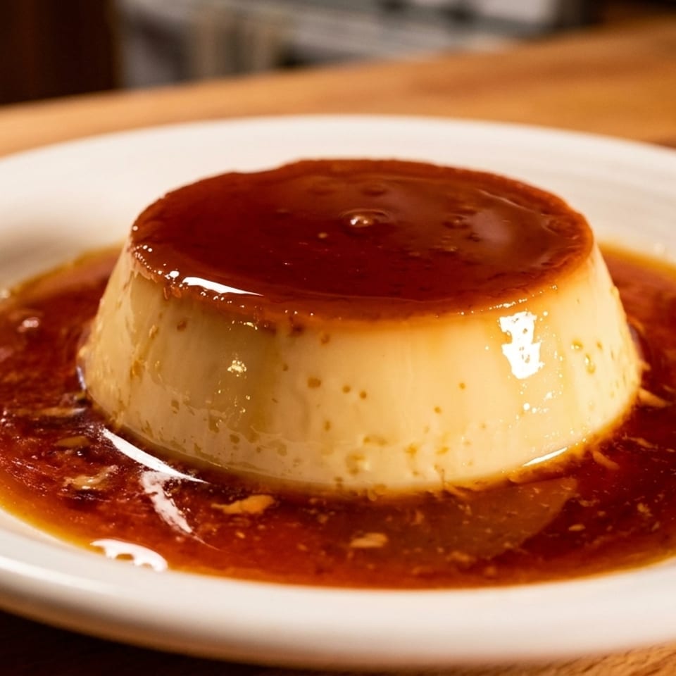 A creamy flan dessert with glistening caramel sauce on a white plate.