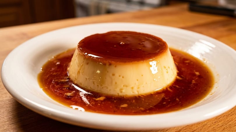A creamy flan dessert with glistening caramel sauce on a white plate.