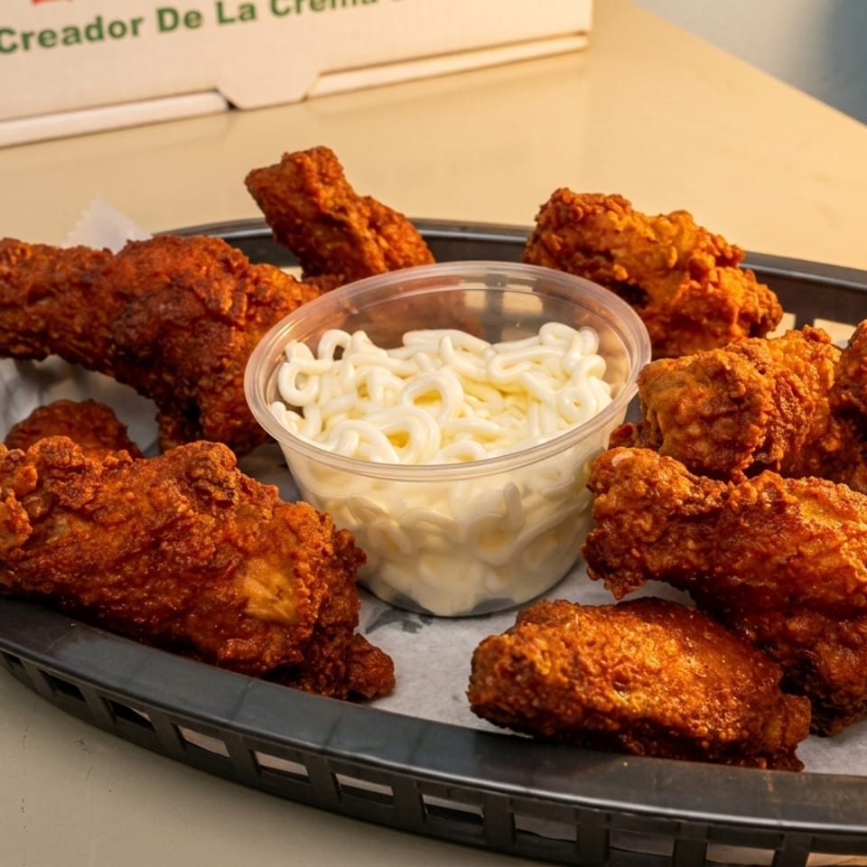 A black basket filled with crispy fried chicken pieces and a small cup of white dipping sauce.