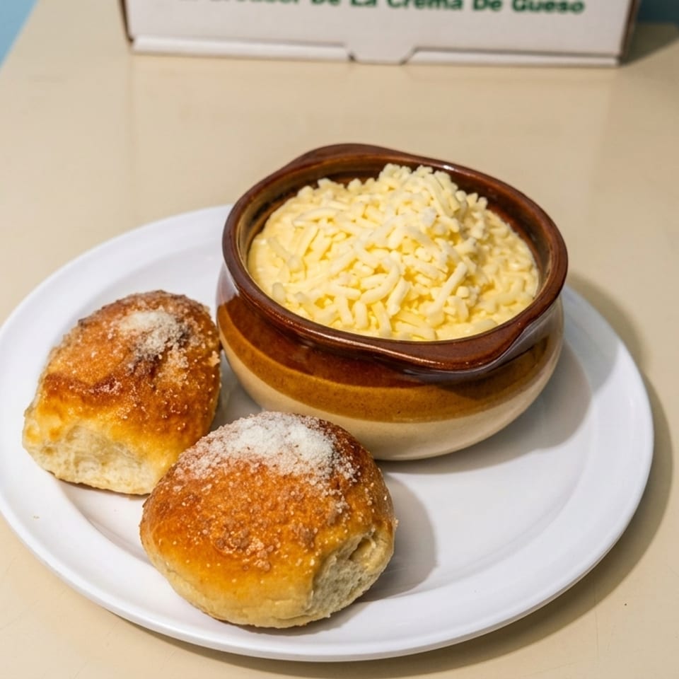 Two sugar-dusted buns and a bowl of creamy cheese dip on a white plate.